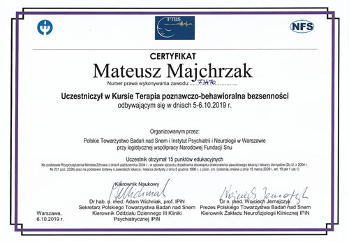 Certyfikat ukończenia kursu terapii poznawczo-behawioralnej bezsenności organizowanego przez Polskie Towarzystwo Badań nad Snem